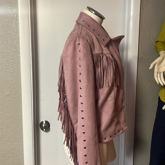 pink suede leather jacket fringes by Adore beaded button close nwt - Picture 5 of 12
